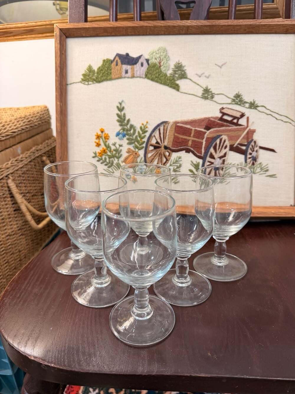 Cute Vintage Clear Glass Stemware Wine / Cordial Glasses Set Of 6